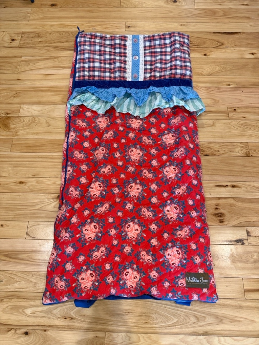 Matilda Jane Red Floral Quilted Sleeping Bag with Blue Plaid Top